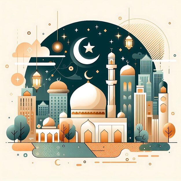 Vektor Eid al-Fitr eine farbenfrohe Illustration einer Stadt mit einer Moschee und einer Moschee im Hintergrund