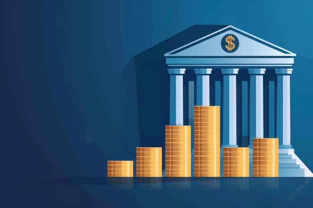 Vektor einer Bank mit aufsteigendem Münzgraph für ein Sparkonto-Promosionsplakat