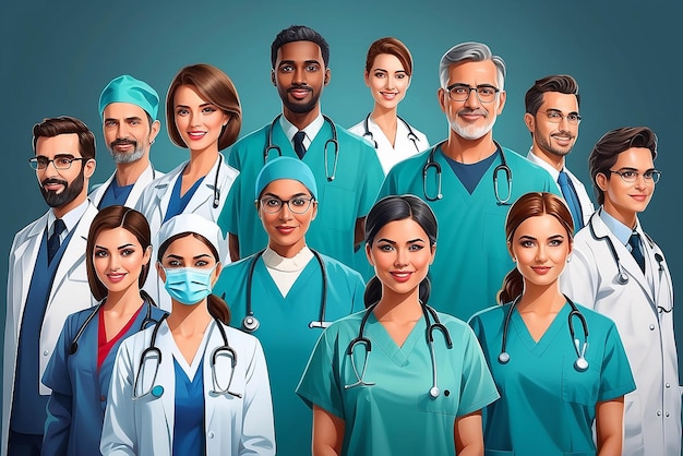Vektor einer Gruppe von medizinischem Personal aus zuversichtlichen Ärzten und Krankenschwestern