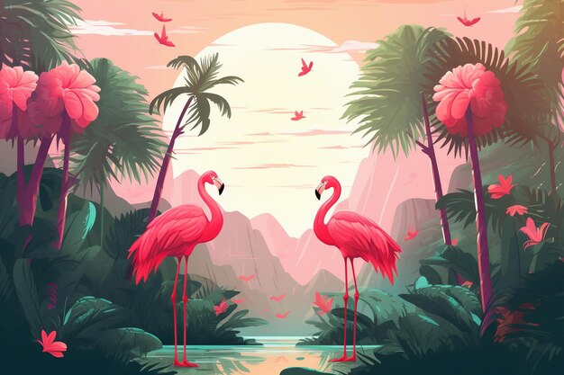 Foto vektor-flach-dschungel-komposition vögel fliegen im dichten dschungel rosa flamingos und große papageien vektor-illustration