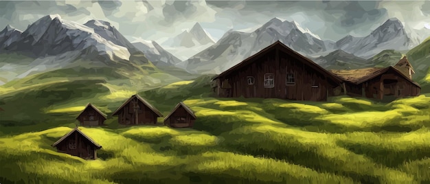 Vektor flache Landschaft Illustration der Sommerlandschaft Blick auf die Natur Himmel Berge gemütliche Dorfhäuser Haus