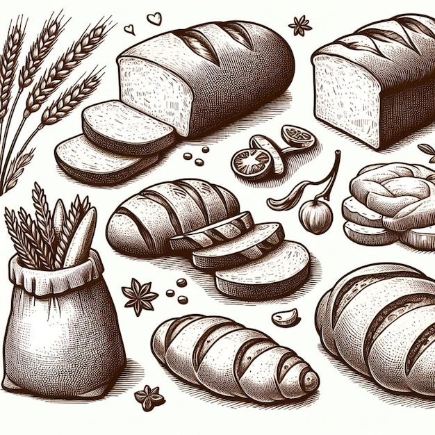 Vektor frisches Brot handgezeichnete Set-Illustration