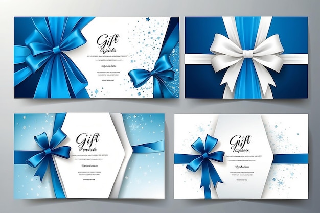 Vektor-Geschenkgutscheine mit Bogenbändern, weißem und blauem Hintergrund, kreative Urlaubskarten oder Banner