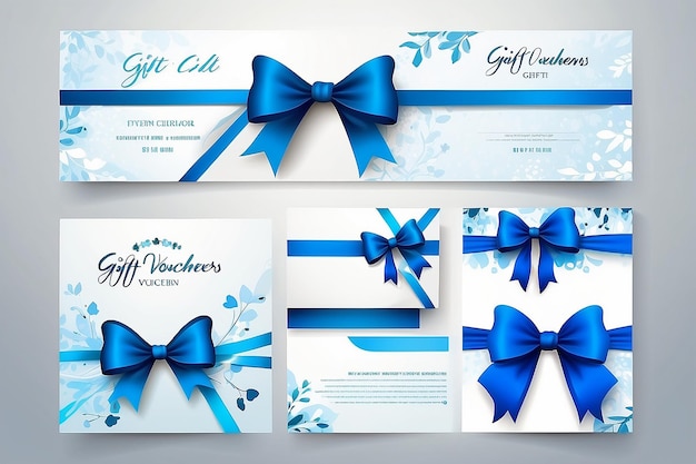 Vektor-Geschenkgutscheine mit Bogenbändern, weißem und blauem Hintergrund, kreative Urlaubskarten oder Banner