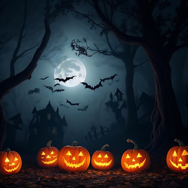 Foto vektor-halloween-illustration mit silhouette des schlosses bei glühendem mond und toten