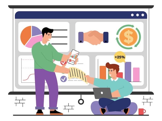 Vektor-Illustration des Geschäftsteams, die Analyse der Aktivitäten