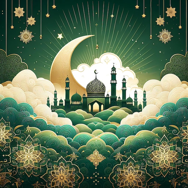 Vektor islamisches Neujahr ein Plakat für eine Moschee mit Mond und Sternen am Himmel