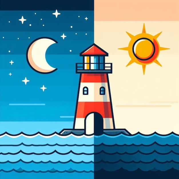 Vektor Leuchtturm im Ozean Tag und Nacht Mond und Sonne