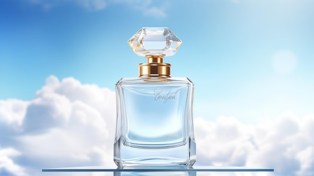 Vektor-Parfüm-Sprühflasche auf dem Podium mit Wolken im Himmel, Mock-up-Banner