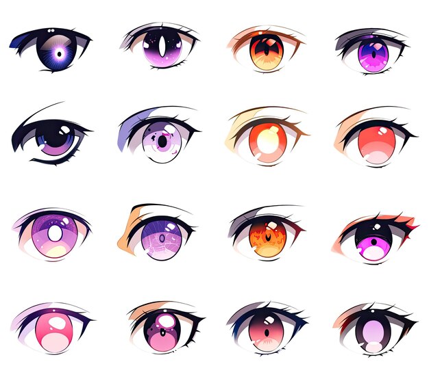 Foto vektor-satz von schönen weiblichen anime-augen mit verschiedenen farben vektor-illustration