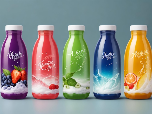 Vektor-Set von realistischen Saftflaschen, die auf dem Hintergrund isoliert sind, farbenfrohe Kunststoffbehälter für Obst- und Gemüsegetränke mit Etiketten Traube Zitrone Apfel Karotte Erdbeere Mockup für das Paketdesign