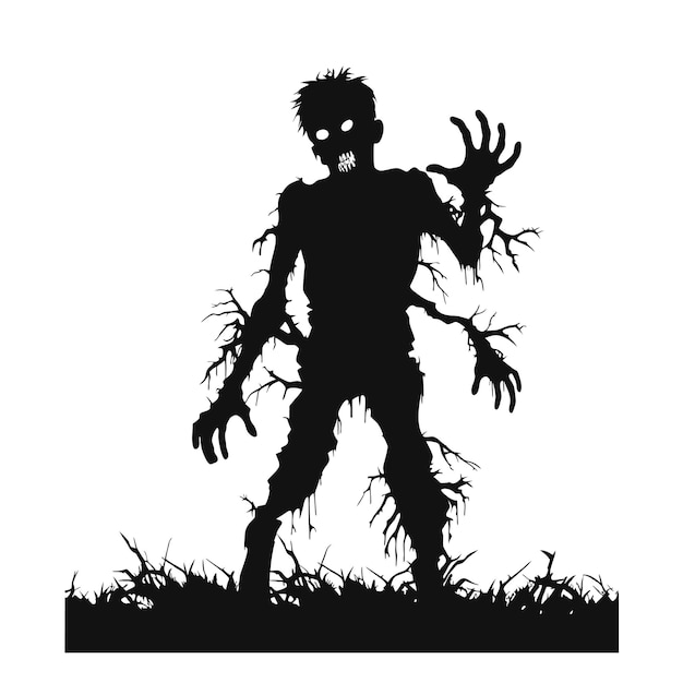 Foto vektor stehender zombie mit gruseligem gesicht. halloween-zombie mit dunklem, hohlem monster mit gruseligem gesicht und hebende hamds mit baum-vektorillustration auf weißem hintergrund