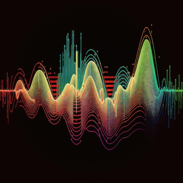 Vektor-Strichgrafiken und eine Audio-Wellenform mit lebendigen Farben AI-Erzeugung