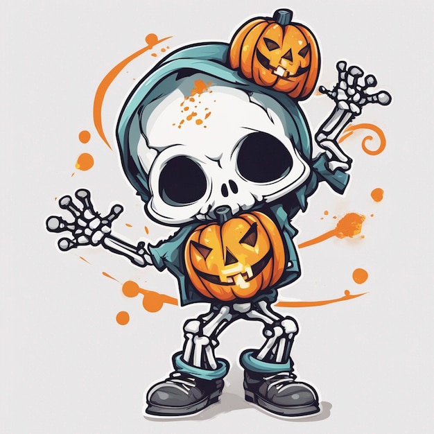 Vektor-T-Shirt-Design-Illustration Kawaii-Skelett feiert Halloween mit hoher Detailliertheit