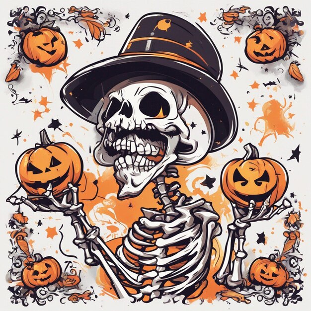 Vektor-T-Shirt-Design-Illustration Kawaii-Skelett feiert Halloween mit hoher Detailliertheit