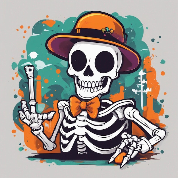 Vektor-T-Shirt-Design-Illustration Kawaii-Skelett feiert Halloween mit hoher Detailliertheit