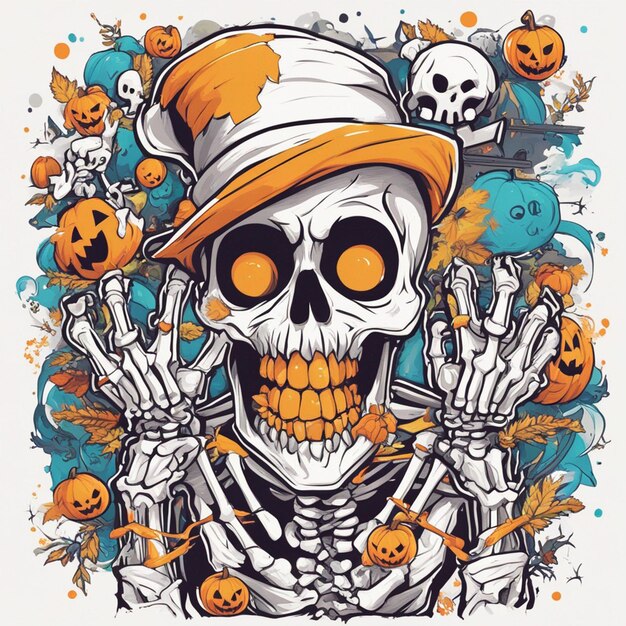 Vektor-T-Shirt-Design-Illustration Kawaii-Skelett feiert Halloween mit hoher Detailliertheit