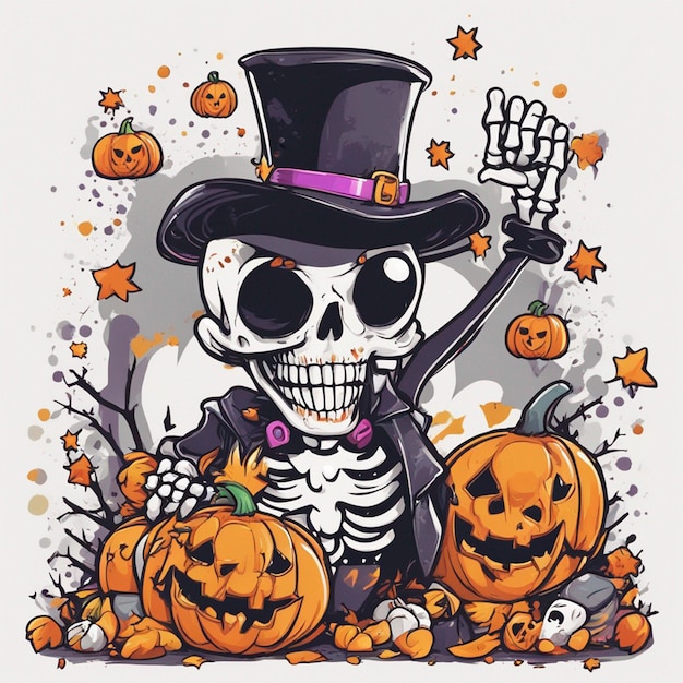 Vektor-T-Shirt-Design-Illustration Kawaii-Skelett feiert Halloween mit hoher Detailliertheit