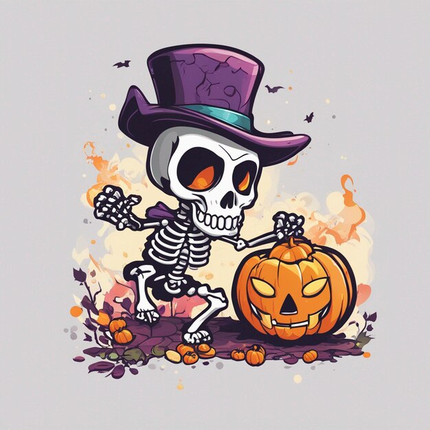 Vektor-T-Shirt-Design-Illustration Kawaii-Skelett feiert Halloween mit hoher Detailliertheit