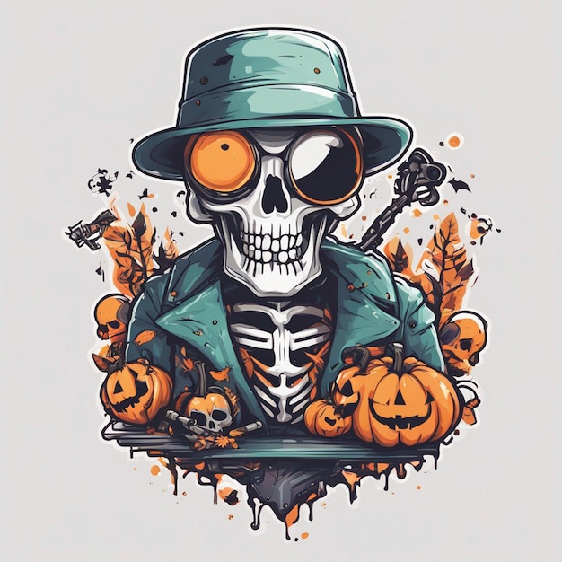 Vektor-T-Shirt-Design-Illustration Kawaii-Skelett feiert Halloween mit hoher Detailliertheit