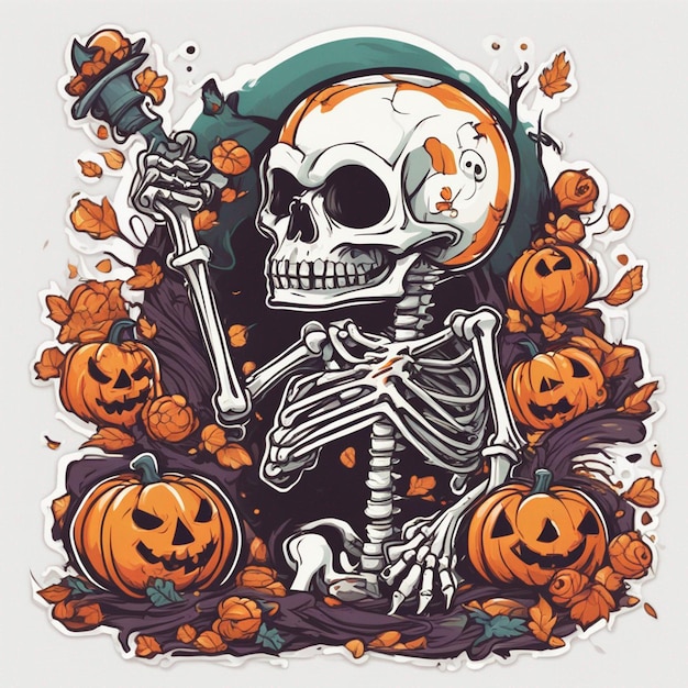 Vektor-T-Shirt-Design-Illustration Kawaii-Skelett feiert Halloween mit hoher Detailliertheit