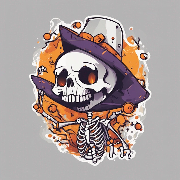 Vektor-T-Shirt-Design-Illustration Kawaii-Skelett feiert Halloween mit hoher Detailliertheit