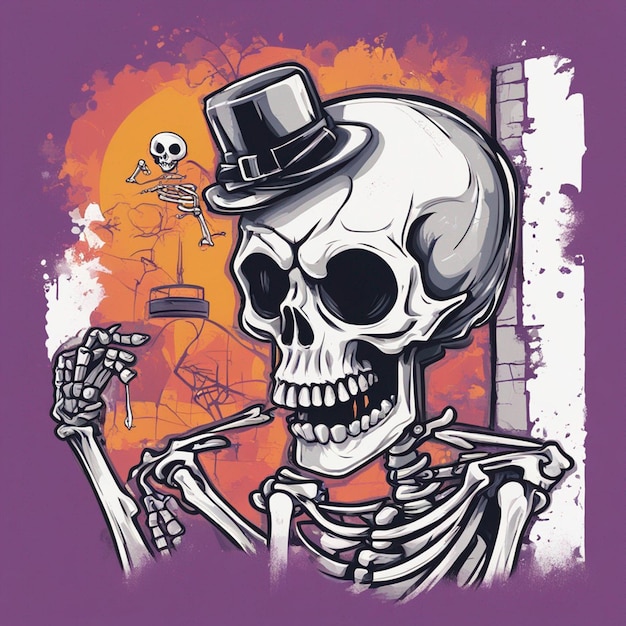 Vektor-T-Shirt-Design-Illustration Kawaii-Skelett feiert Halloween mit hoher Detailliertheit