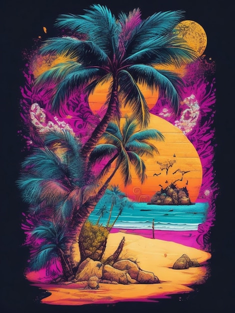 Vektor-T-Shirt-Kunst zum Drucken bereit, bunte Graffiti-Illustration eines Strandes