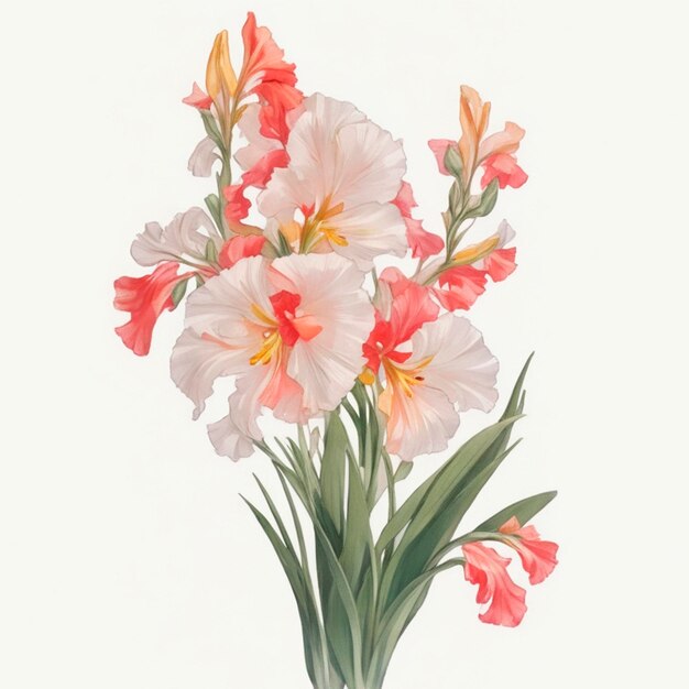 Foto vektor-vintage-illustration eines blumenstraußes aus rosa und weißen gladiolen
