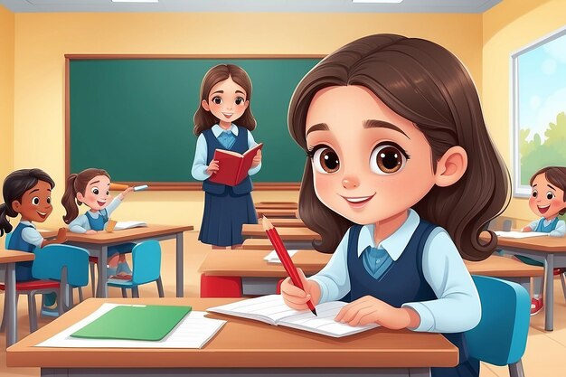 Vektor von Cute Mädchen Schüler geben Bleistift für Freund in der Klassenzimmer Illustration