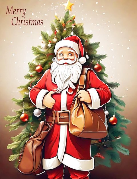Vektor Weihnachtsmann neben Weihnachtsbaum und Geschenk Ai generiert