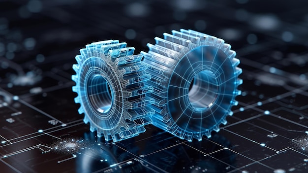 Vektor-Wireframe-Illustration eines Getriebes auf einem dunkelblauen Hintergrund Mechanische Technologie Maschinenbau-Symbol Projektentwicklung Motor Arbeit Geschäftsplan Illustration