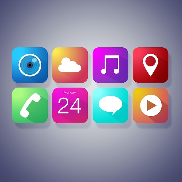 Vektordesign und App-Chat-Symbole für Social Media-Netzwerke oder digitale Benutzeroberflächen isoliert auf grauem Hintergrund Mobile Bildschirmgrafik ui und Softwarezeichen für Cloud-Musik und Telefontechnologie