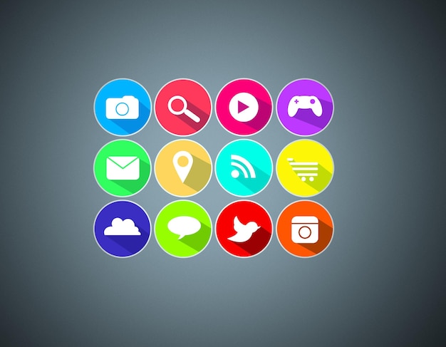 Vektordesign und App-Symbole für digitale Benutzeroberfläche isoliert auf grauem Hintergrund mit Netzwerkanwendung. Grafische Benutzeroberfläche für mobile Bildschirme und Softwarezeichen für Cloud-Musik und Internet-Gaming-Technologie