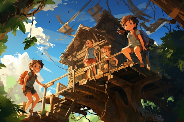 Vektorgrafiken von spielenden und herumhängenden Kindern in einem Baumhaus, einer Baumfestung und Sommercamp-Aktivitäten mit entspannenden Bäumen