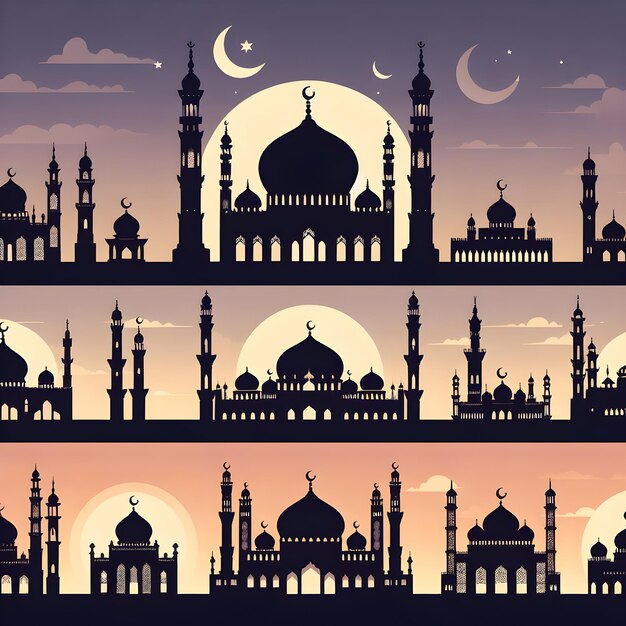 Vektorgrafische Merkmale flache abstrahierte Moschee Konturen beleuchtet gegen verschiedene Hintergründe