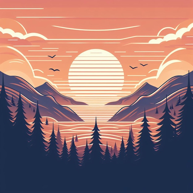 Foto vektorillustration der landschaft in der abendansicht