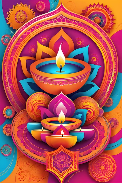 Vektorillustration des Hindu-Diwali-Festivals mit traditionellen indischen leuchtenden und farbenfrohen Diyas