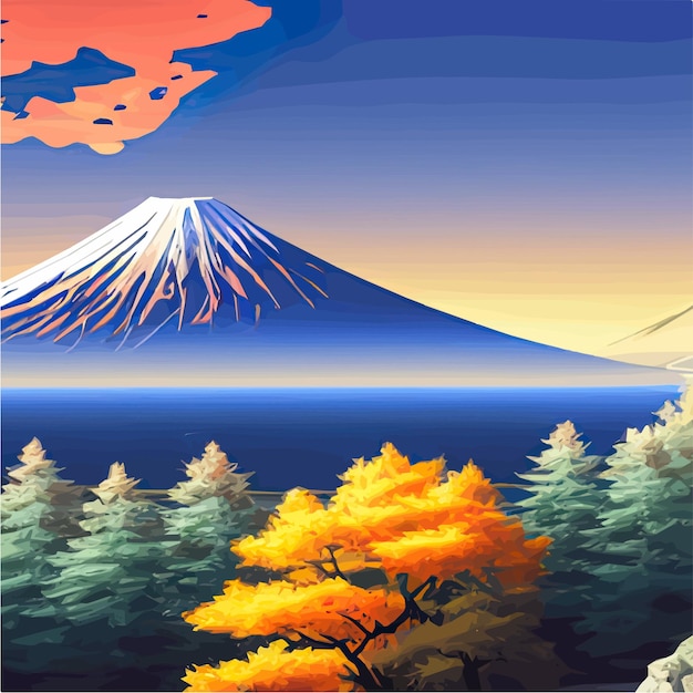 Foto vektorillustration des japanischen berges fuji mit einer vielzahl von bäumen, ideal für reisesport oder spirituelles asiatisches design