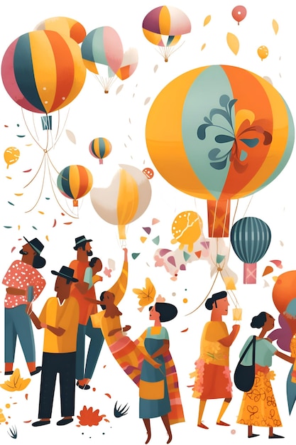 Vektorillustration einer Gruppe glücklicher Menschen mit Heißluftballons