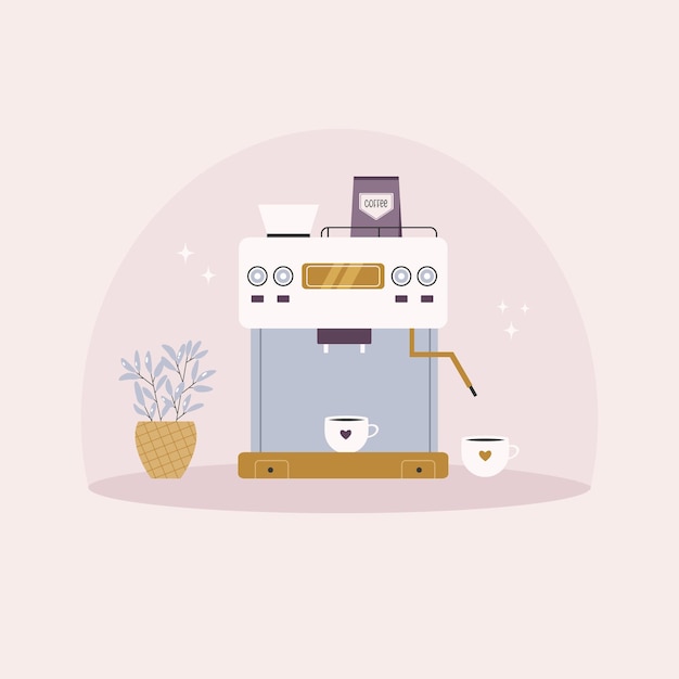 Vektorillustration einer Kaffeemaschine mit Bechern und Blumentopf