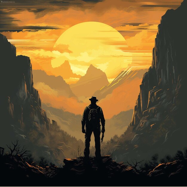 Vektorillustration einer Silhouette eines Mannes in den Bergen bei Sonnenuntergang