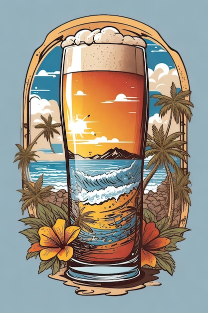 Vektorillustration eines Bierglases am Strand mit Palmen und Blumen