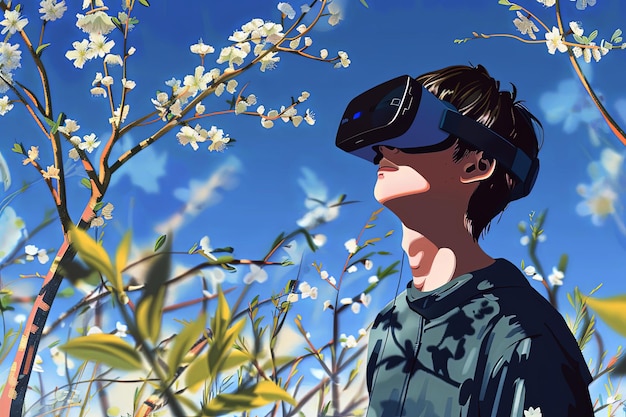 Vektorillustration eines jungen Mannes mit virtueller Brille, der sich in einem Park befindet