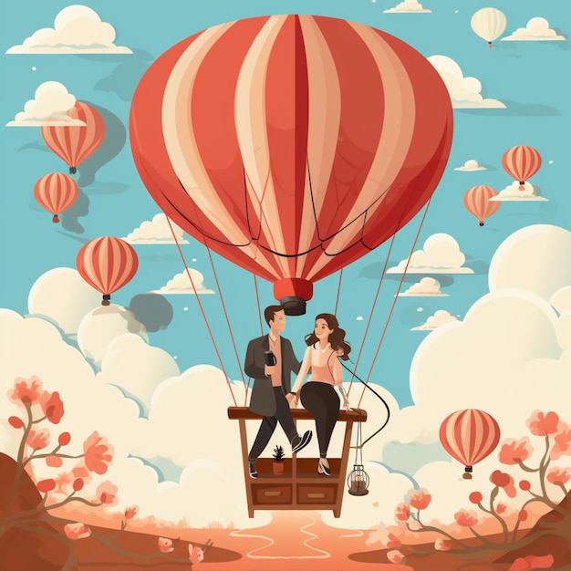Vektorillustration eines Mädchens und eines Jungen auf einem romantischen Date in einem Heißluftballon