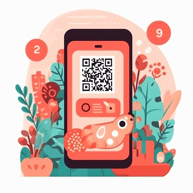 Foto vektorillustration eines mannes mit einem tablet und einem qr-code auf einem smartphone