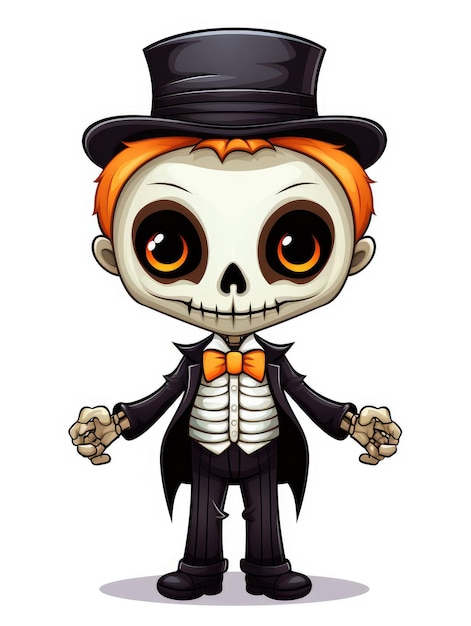 Vektorillustration eines niedlichen Halloween-Skeletts mit Zylinder und Fliege