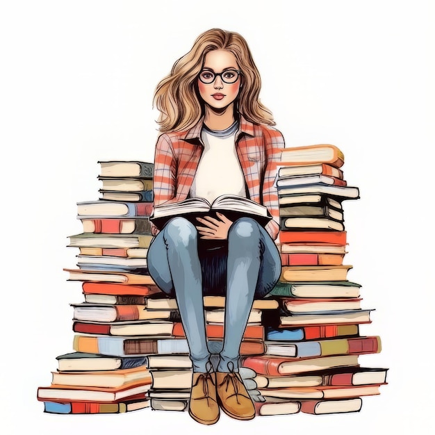 Vektorillustration eines schönen Mädchens mit Brille und Büchern auf weißem Hintergrund