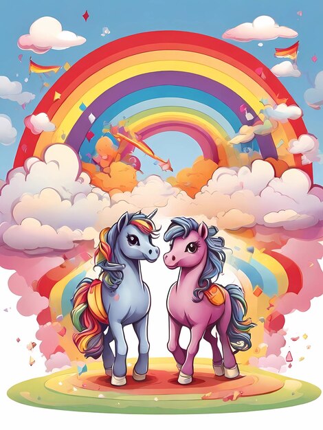 Vektorillustration Ponies tanzen auf einem Regenbogen