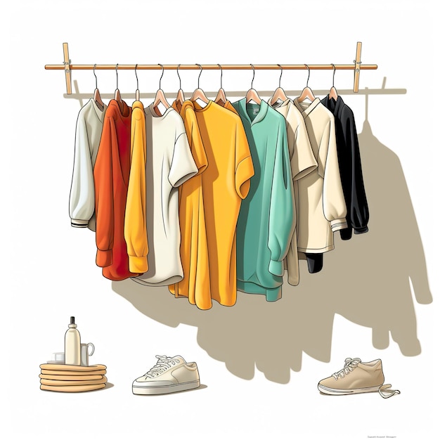 Vektorillustration von Kleidung, die an der Wäscheleine hängt, in Kawaii-Anime-Stil-Cartoon